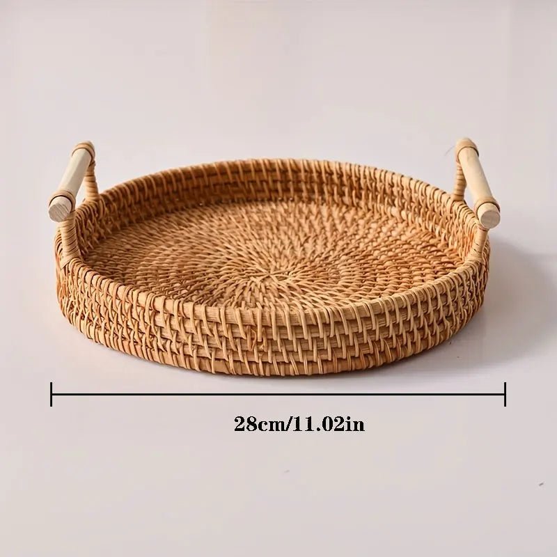 Handwoven Rattan Tray – Natural Round Serving & Storage Basket
