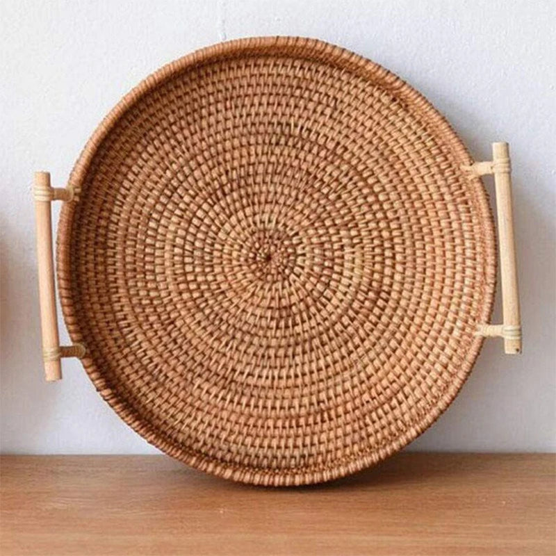 Handwoven Rattan Tray – Natural Round Serving & Storage Basket
