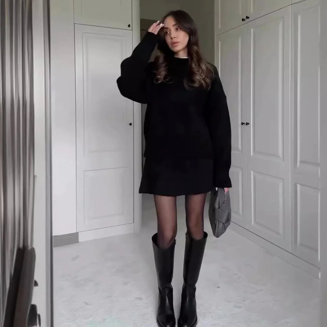 Knitted Two-Piece Skirt Set - Crew Neck Sweater & A-Line Mini