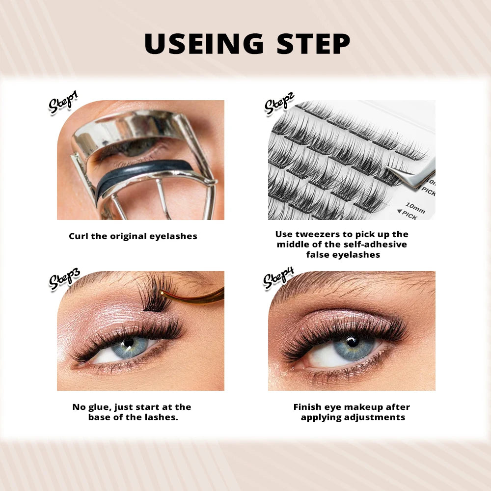 Glue-Free 156pc Reusable Cluster Lash Set | Self-Adhesive, Lightweight, Natural Finish