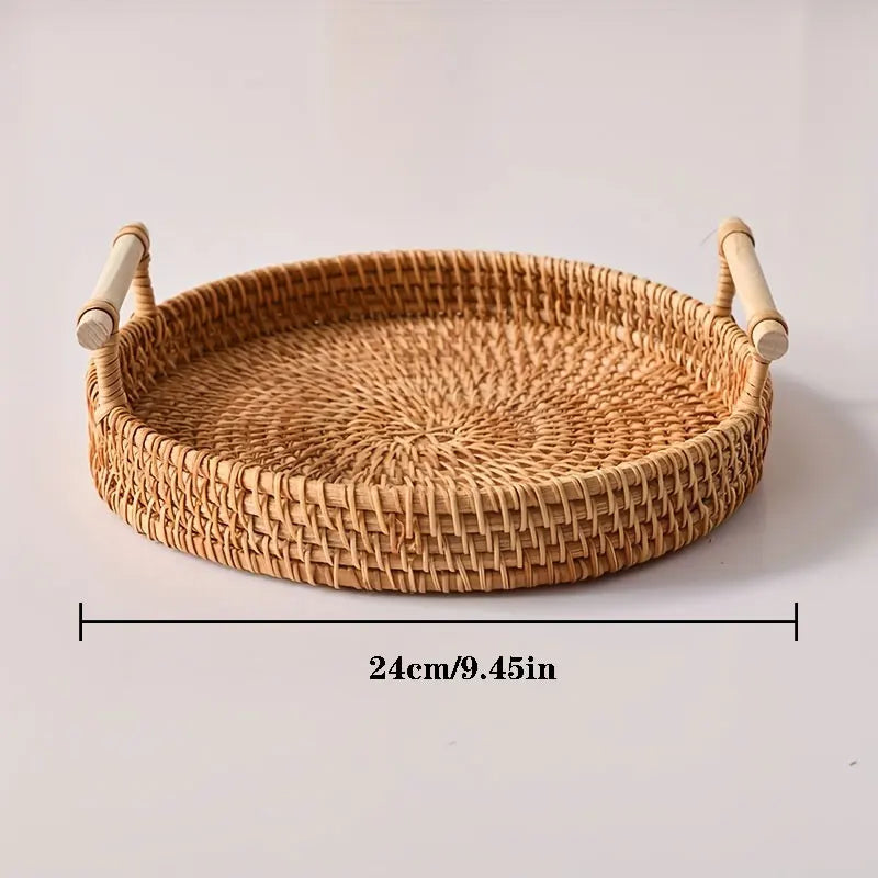 Handwoven Rattan Tray – Natural Round Serving & Storage Basket