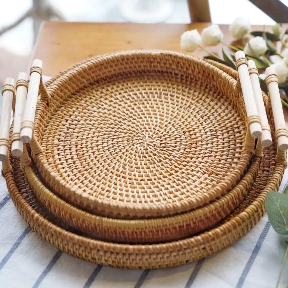 Handwoven Rattan Tray – Natural Round Serving & Storage Basket