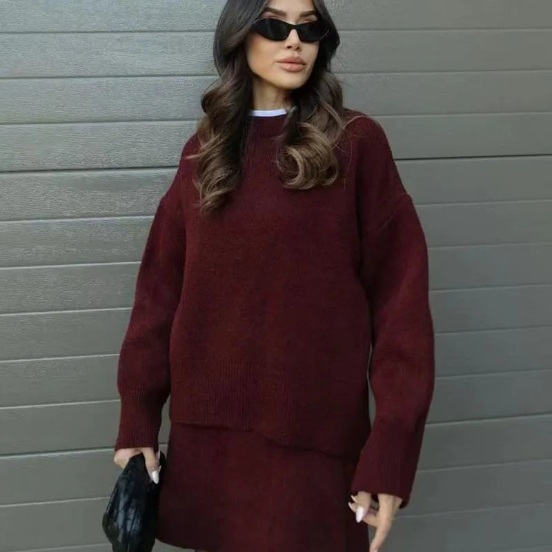 Knitted Two-Piece Skirt Set - Crew Neck Sweater & A-Line Mini
