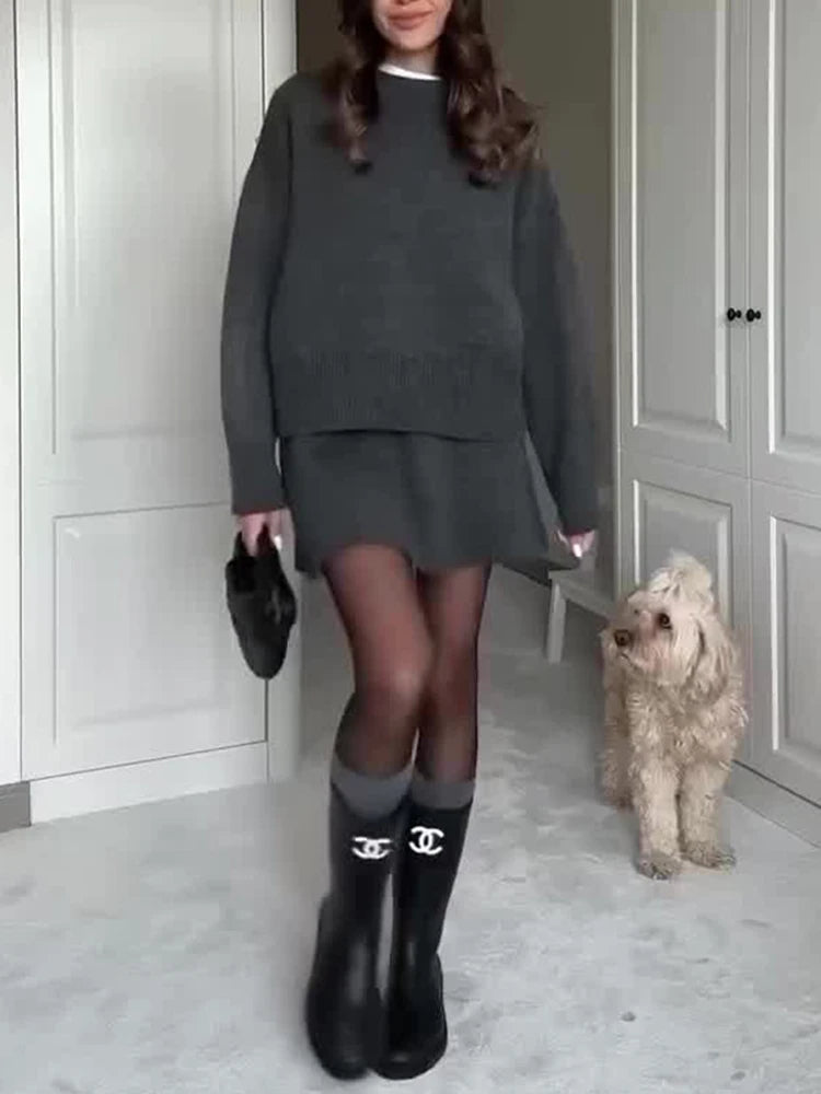 Knitted Two-Piece Skirt Set - Crew Neck Sweater & A-Line Mini