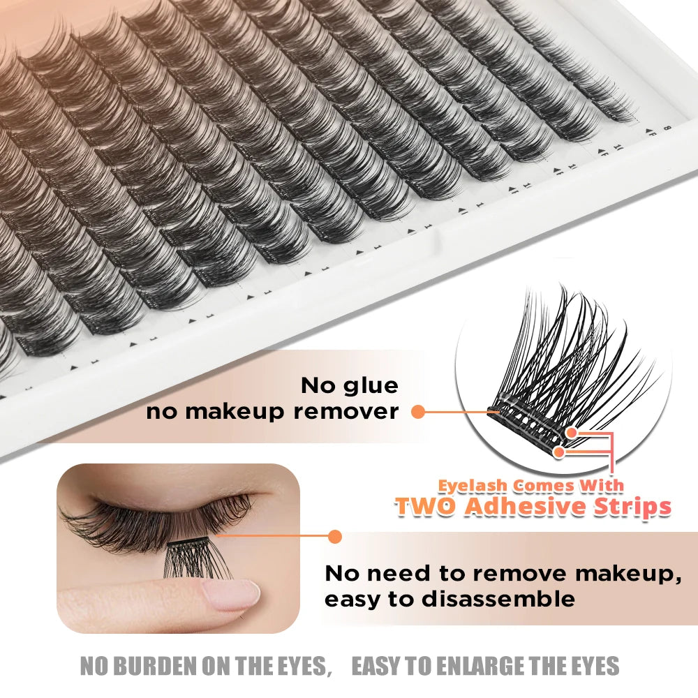 Glue-Free 156pc Reusable Cluster Lash Set | Self-Adhesive, Lightweight, Natural Finish